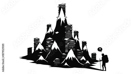 Lone hiker contemplates a challenging mountain of books, seeking knowledge and adventure.