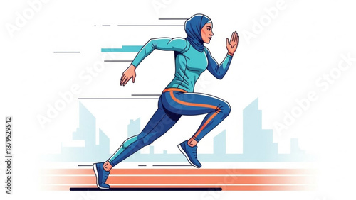 Woman in blue sportswear sprinting with motion lines and city skyline background