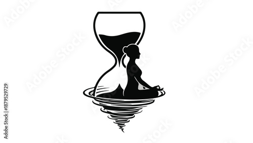 Serene silhouette meditating in a swirling hourglass, representing inner peace amidst the flow of time.