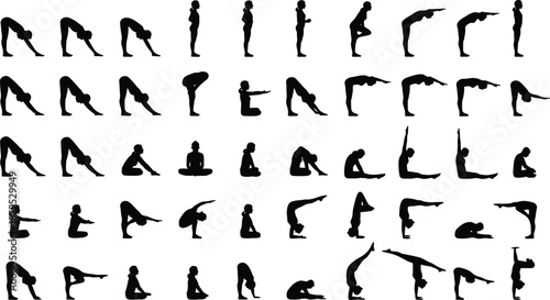 Yoga poses silhouette collection, black yoga icons, meditation posture set, fitness flexibility shapes, wellness exercise vector, spiritual balance art