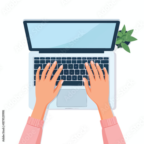 A person typing on a laptop keyboard with a plant nearby, viewed from above, illustrating a workspace scene with modern technology