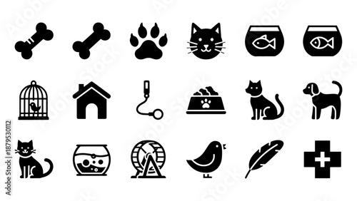 a collection of black pet related icons including bones paw prints cats fish cages and veterinary symbols rendered as a silhouette