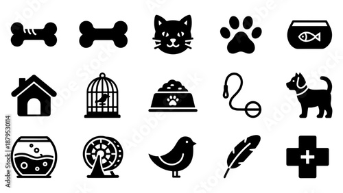 a collection of black glyph icons representing various pet related items including food toys housing and veterinary care silhouette high quality professional