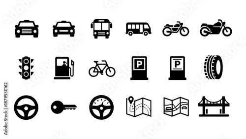 a collection of transportation and automotive related icons presented in a simple black and white style showcasing a distinct silhouette high quality