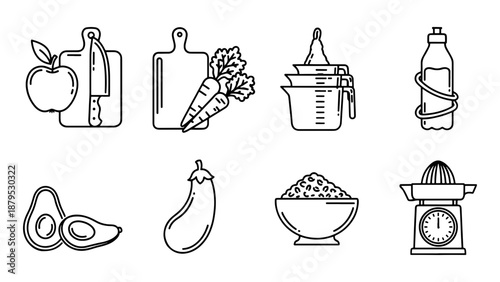 a collection of healthy food and kitchen items in simple line art silhouette high quality professional detailed modern elegant stylish clean crisp