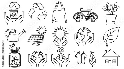 eco friendly icons featuring various sustainable living elements in a minimalist silhouette high quality professional detailed modern elegant stylish clean crisp vibrant