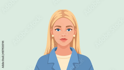 Portrait of a blonde woman with blue eyes wearing a blue jacket and tan shirt