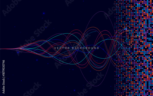 Network big data communcation multicolor wave lines on dark background.