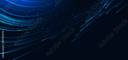 High speed blue curve lines on dark blue background. High speed motion moving concept.