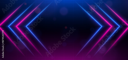 Futuristic arrow blue and pink neon hi speed on dark background.