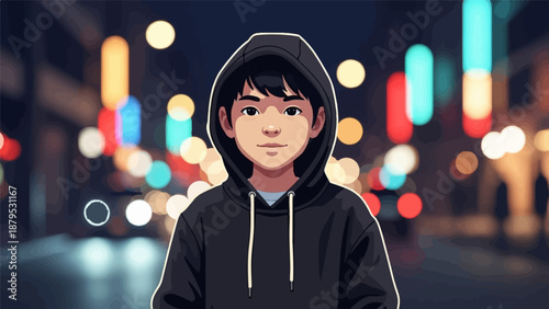 Portrait of a young person in a dark hoodie against a bokeh of city lights at night