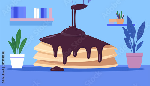 Pouring rich chocolate sauce over a stack of delicious pancakes