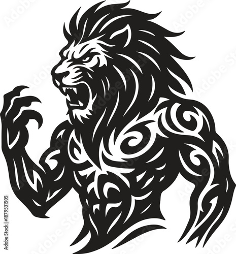 Tribal style lion head with muscular physique and intricate black artwork