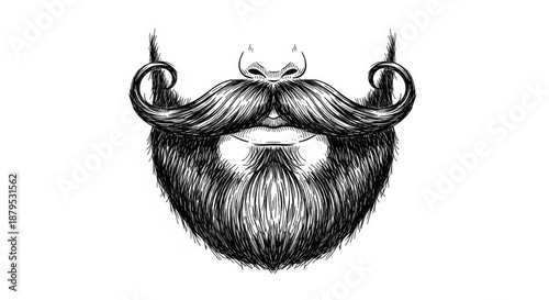 Hand drawn sketch of Full beard with Handlebar mustache isolated on white background. Hipster combo illustration.