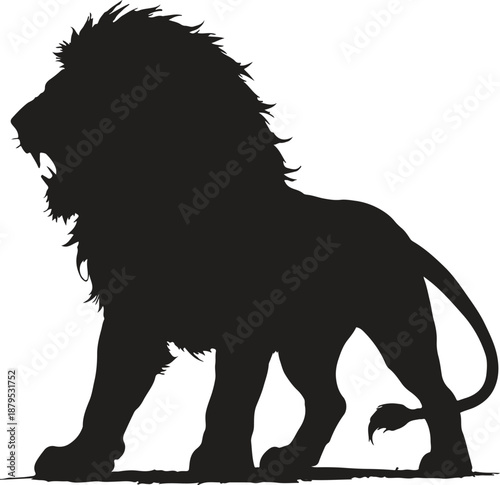 a black silhouette of a lion standing on a plain white background