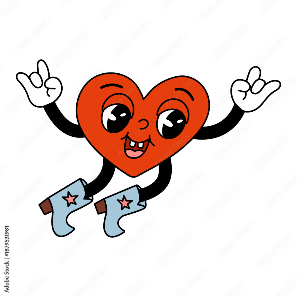 Fototapeta premium Groovy Red Heart Character Jumping Illustration