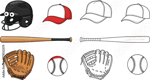 Baseball equipment icon set, helmet bat glove ball vector, sports gear illustration, outline and color graphic, athletic game design