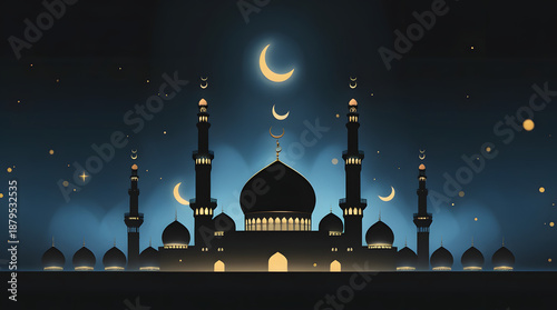 Minimal Modern Ramadan Background with Faint Mosque Silhouette, Atmospheric Light Haze, Deep Blue-Black and Golden Highlights, Ultra-HD 16:9