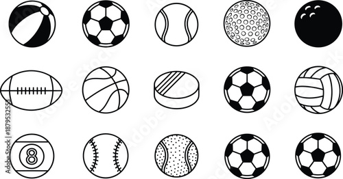 Sports balls icon set, black and white vector, ball collection illustration, athletic equipment symbols, game gear silhouette, sports graphic design