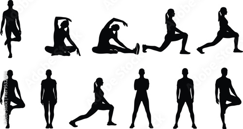 Stretching pose silhouette icon set, fitness movement vector, yoga standing graphic, exercise posture design, black workout figure illustration