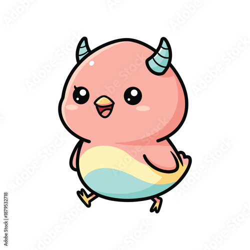 Cute cartoon pink bird with horns and colorful belly on white background