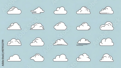 Collection of various white outlined cloud on light blue background clouds weather