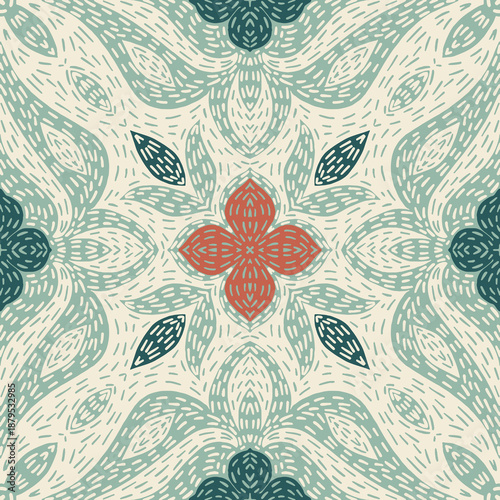 Hand-drawn seamless floral pattern featuring sage green, cream and terracotta tones with organic textures, perfect for elegant surface design and home decor.