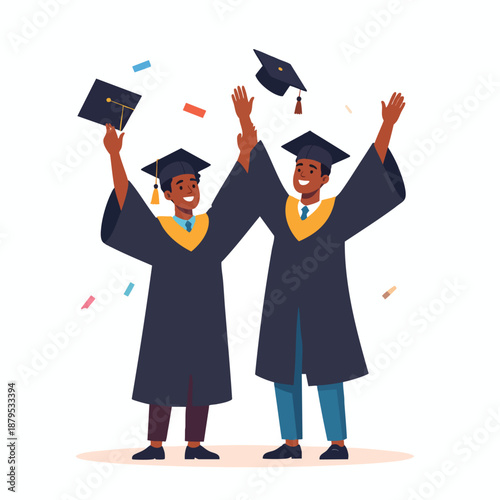 Two graduates celebrating their achievement with joy and excitement in a festive atmosphere