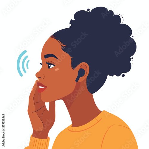 A young woman with dark skin and curly hair listening to music with earbuds in a contemplative state