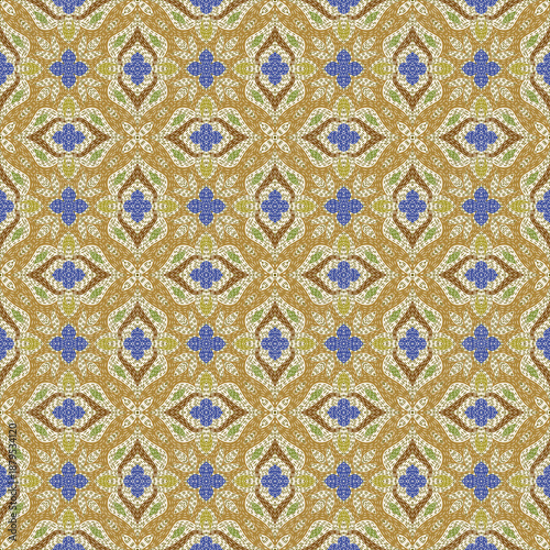 Hand-drawn seamless floral pattern with organic textures, featuring earthy brown, olive green, cream and muted blue tones. Ideal for textiles, wallpapers and surface design.
