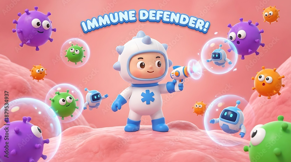 Naklejka premium Cartoon character in white hazmat suit fighting colorful germs and viruses high quality professional detailed modern elegant stylish clean crisp vibrant