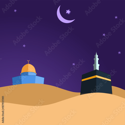 Flat vector illustration of an Islamic mosque landscape at night with crescent moon and stars. Suitable for Ramadan, isra mi'raj,  Islamic holidays, religious, and spiritual themes.