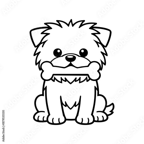Cute fluffy puppy holding bone in mouth, black and white outline cartoon dog vector illustration for sticker, logo, coloring page or kids design