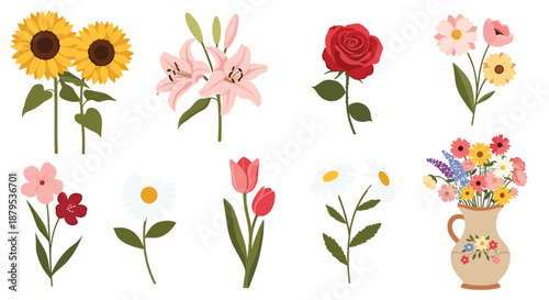 Beautiful collection of various colorful flowers including sunflowers, lilies, roses, tulips, daisies, and a vase bouquet.