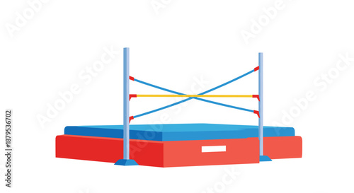 High jump competition equipment including the bar, standards, and a large landing mat, ready for a track and field event.
