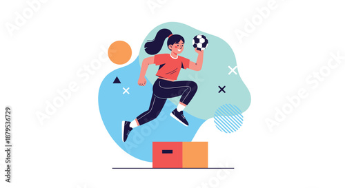Energetic young girl in sportswear running and jumping with a soccer ball against an abstract, colorful background.