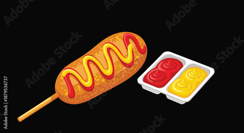 Delicious crispy corn dog on a stick drizzled with ketchup and mustard, with dipping sauces on the side.