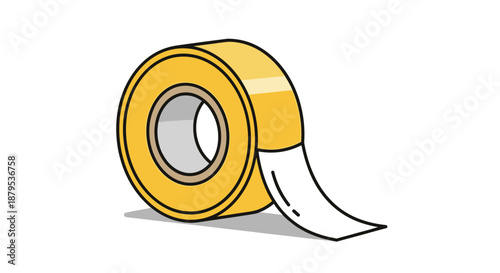 Simple illustration of a roll of clear adhesive packing tape with its end unrolled, ready for sealing boxes or crafts.