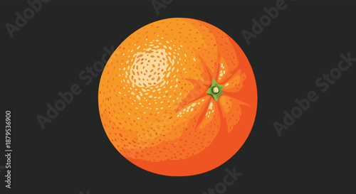 Fresh and juicy whole orange fruit with a textured peel and a small green stem, isolated on a dark background.