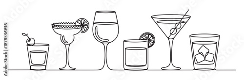 Cocktail Glasses and Drinks Lineup on White Background