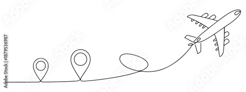Airplane Taking Off with Route Map Pins on White Background