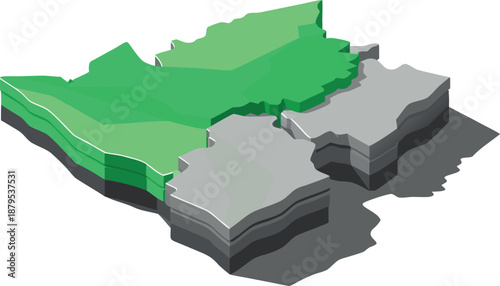3D Isometric Map Concept: Layered Green and Gray Geographical Blocks