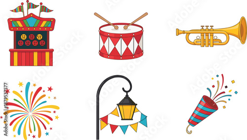 Carnival and festive icon set with booth, drum, trumpet, fireworks, party popper, street lamp, celebration elements, colorful decoration