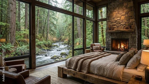 Cozy woodland retreat bedroom with a roaring stone fireplace and expansive windows overlooking a lush mossy river stream in soft, moody ambient light.