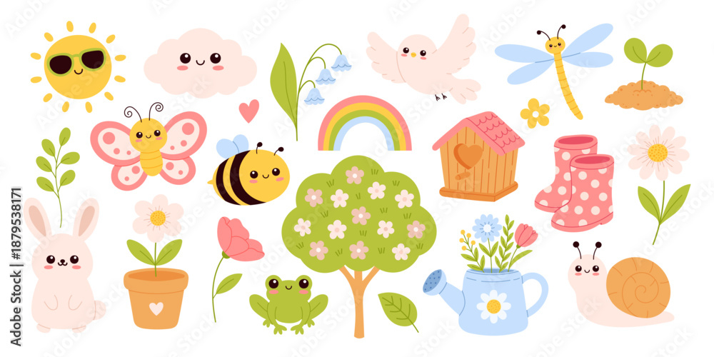 Obraz premium Cute spring clipart set. Kawaii animals, flowers, insects and garden elements. Springtime objects for kids design, nursery decor, stickers, cards and education. Hand drawn vector illustration