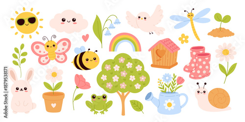 Cute spring clipart set. Kawaii animals, flowers, insects and garden elements. Springtime objects for kids design, nursery decor, stickers, cards and education. Hand drawn vector illustration