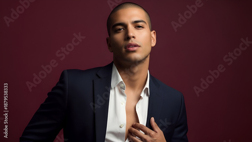 Hispanic Man Model with a Buzz Cut Wearing a Black Suit