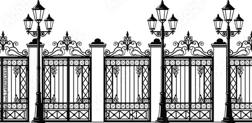 Ornate wrought iron fence with decorative gates, vintage lamp posts, symmetrical scrollwork, classical architecture for upscale property and design use
