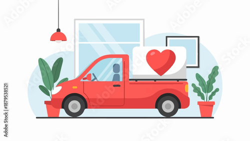 Red pickup truck with a large red heart displayed on its back, amidst potted plants