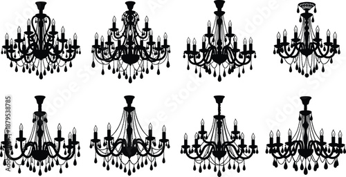 Set of elegant vintage crystal chandelier silhouettes with ornate baroque details and decorative hanging beads for classic luxury interior design projects